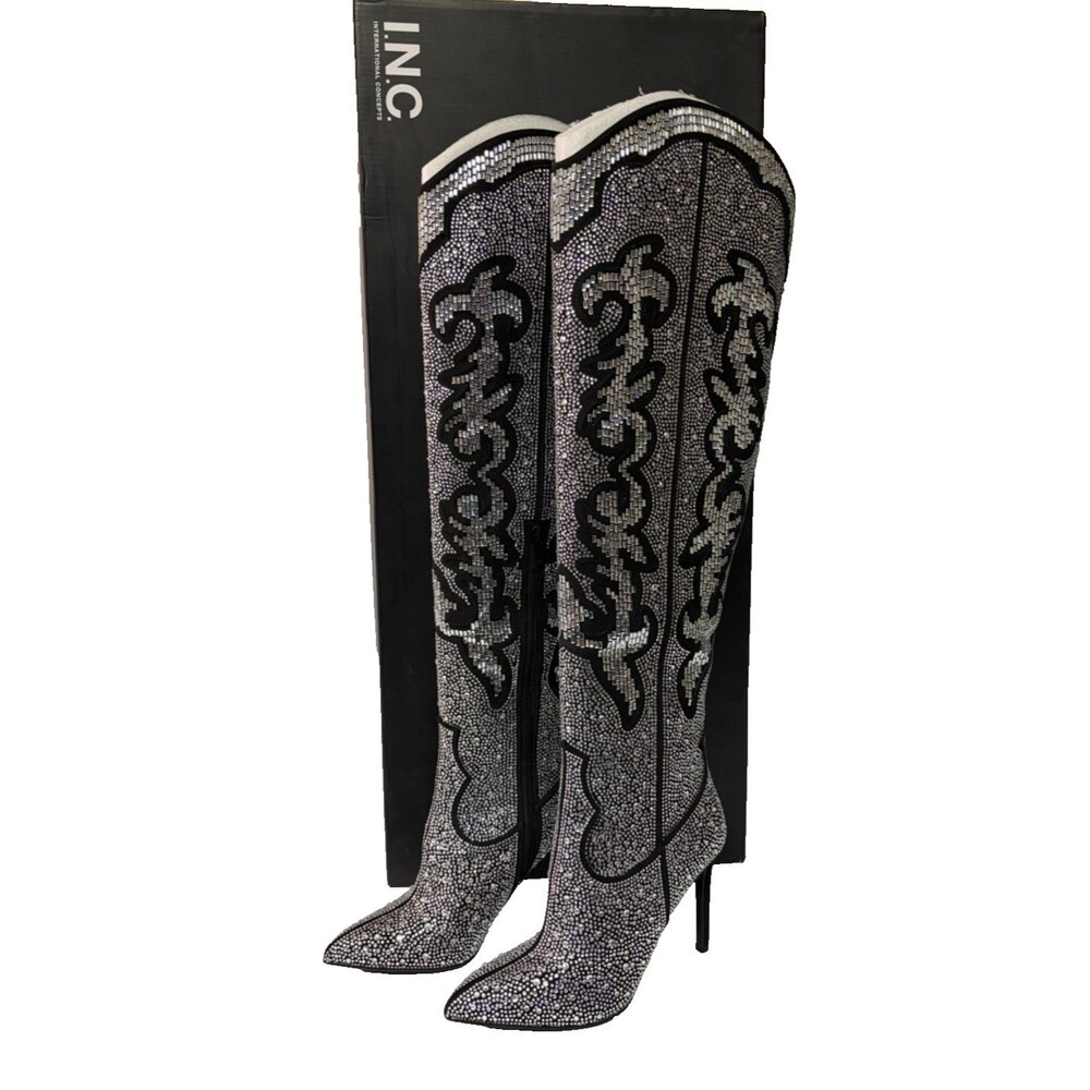 INC Iresa4 Rhinestone Crusted Over The Knee Heeled Boots Women's Size 6 M New